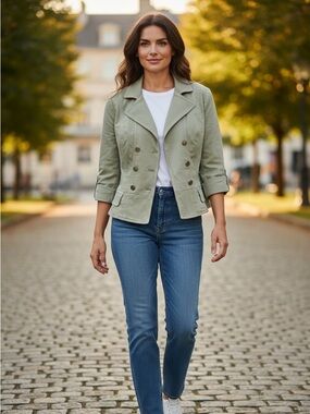 WHBM Sage Green Cropped Fitted Jean Jacket Size 4P NWOT